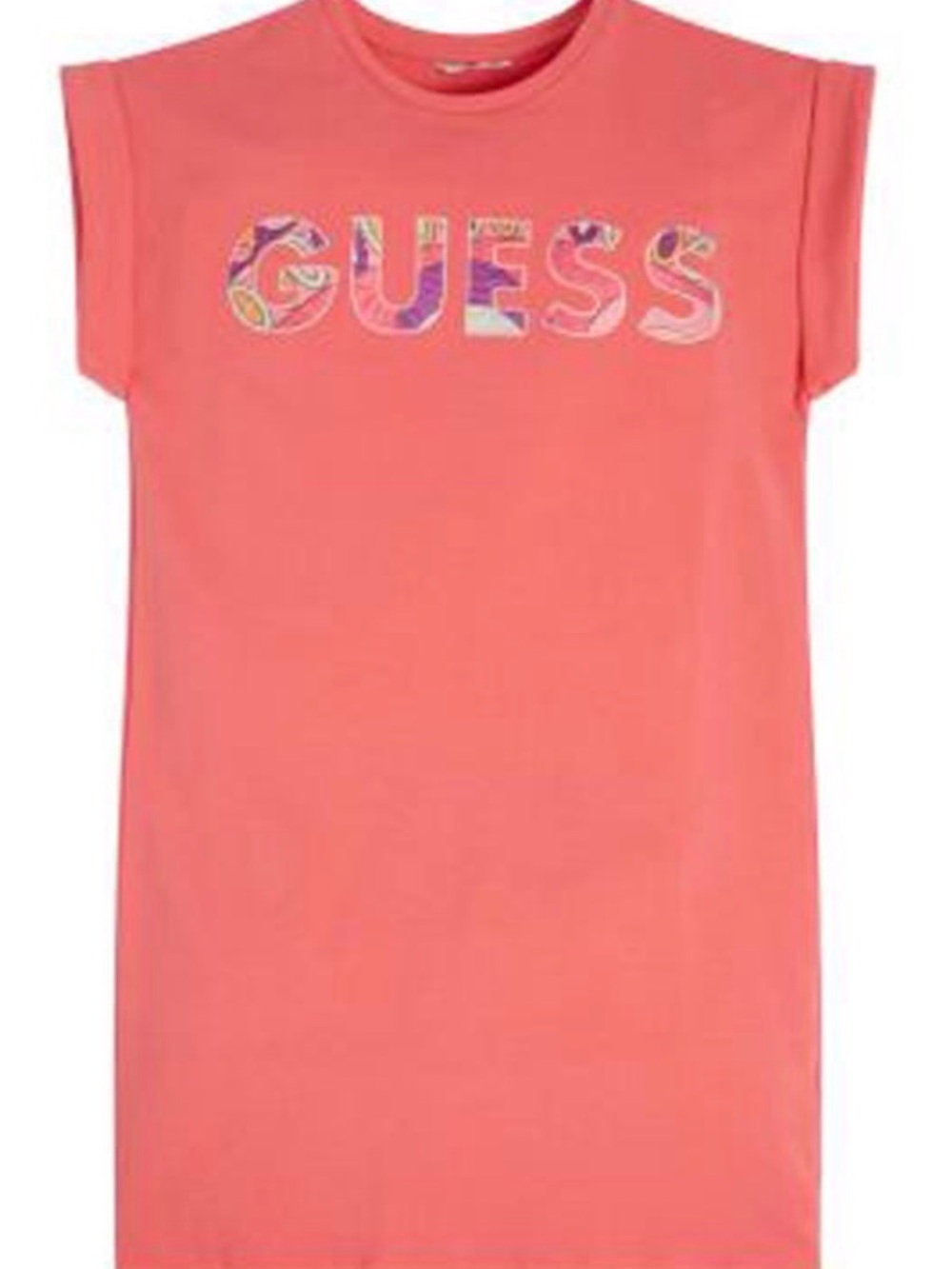 Guess Coral Logo Tee Dress with Patterned Lettering